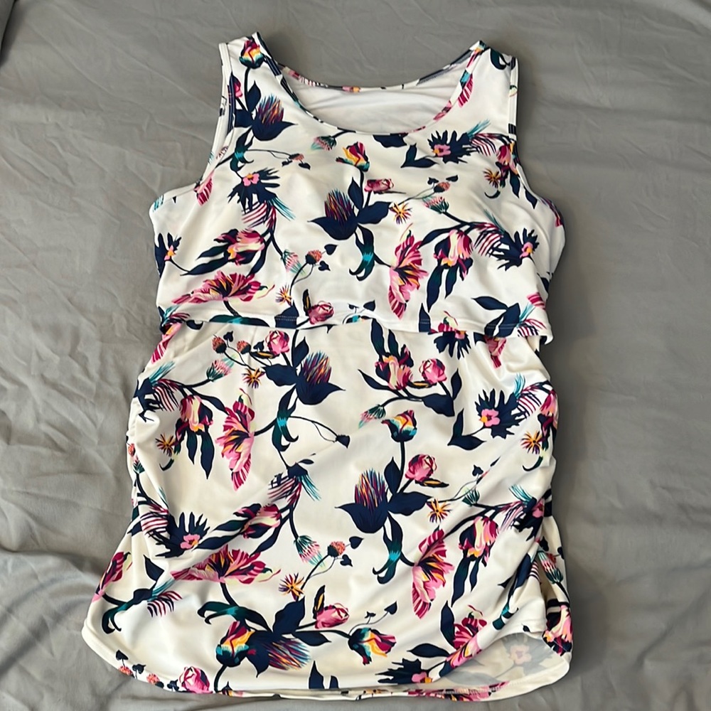 Latched Mama White Floral Tankini with Navy and Pink Accents